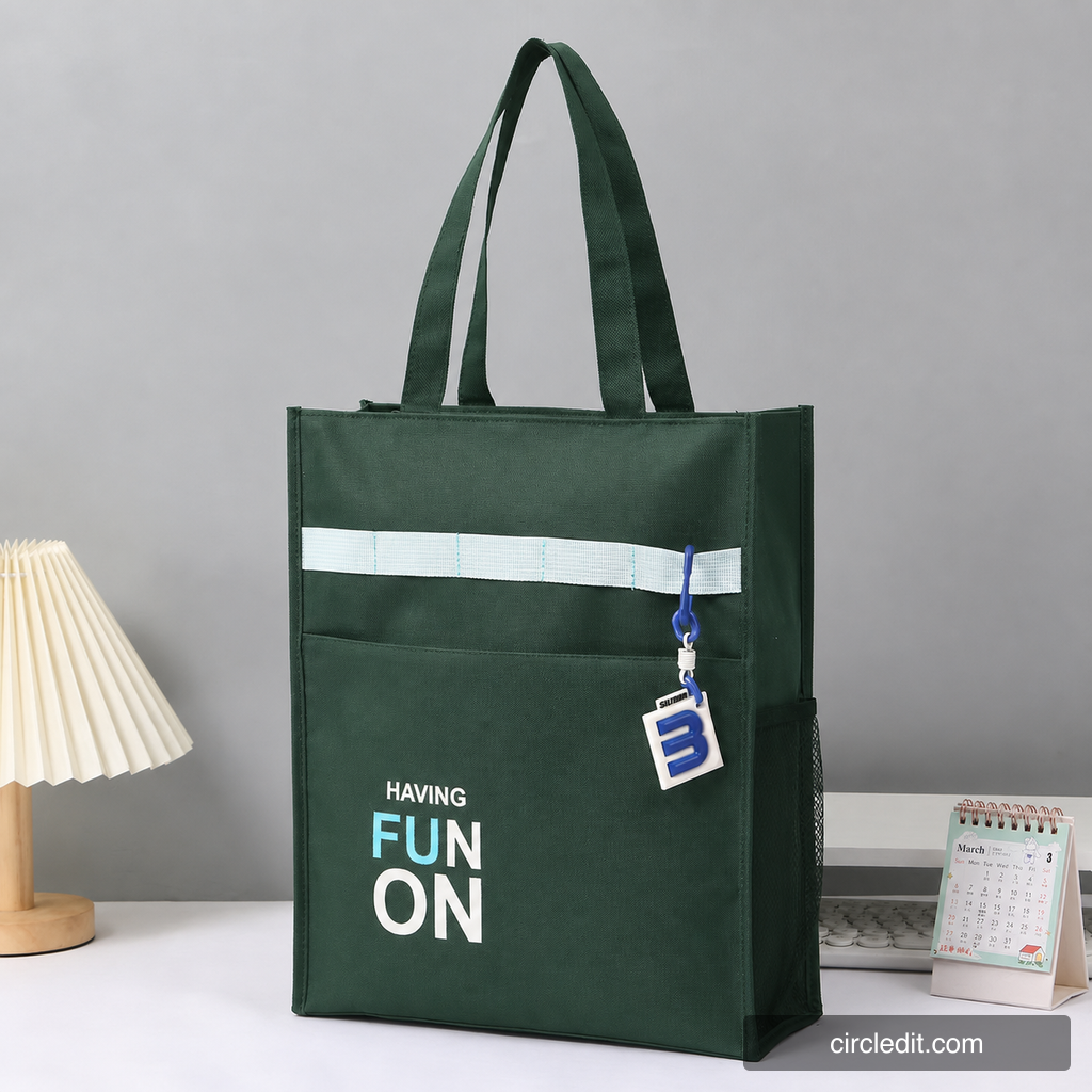 Same bag recolored to forest green, matching an attached reference swatch